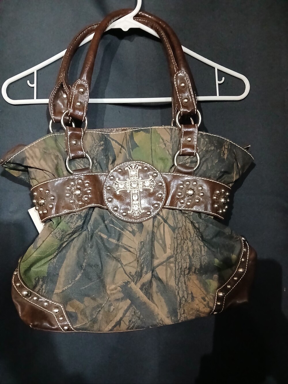 American Girl Camo Tote with Brown Faux-Leather Trim and Studded Cross